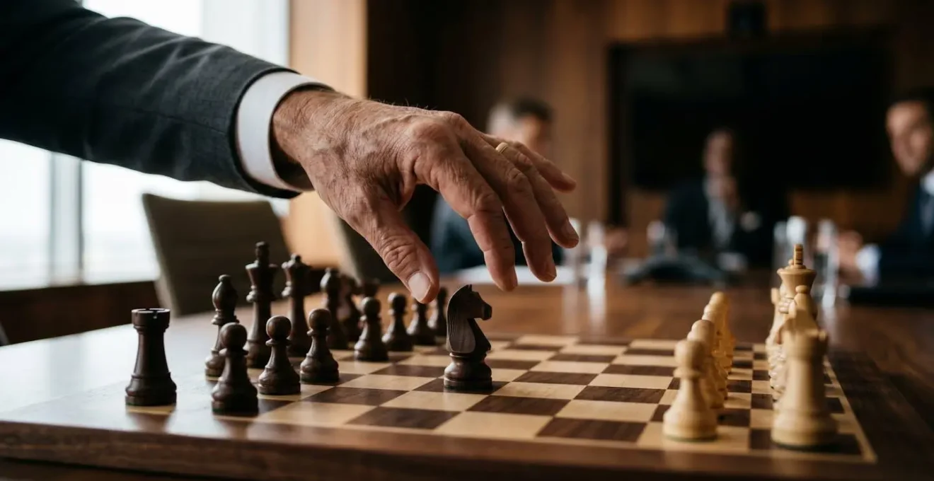 A close-up of a person's hand hesitating over a chess piece, symbolizing strategic timing in cash deployment.