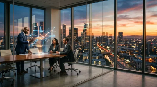 Executive team analyzing financial data on holographic displays in modern boardroom