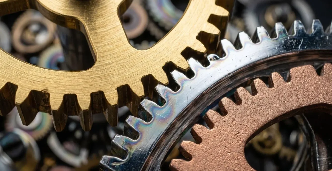 Extreme close-up of interlocking metal gears in gold, silver, and copper, representing a diversified and well-constructed investment portfolio.