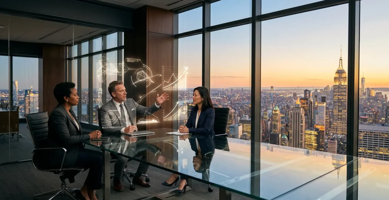 Executive team analyzing investment portfolio data in modern corporate boardroom