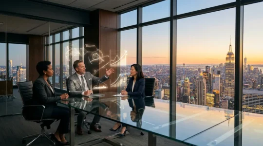 Executive team analyzing investment portfolio data in modern corporate boardroom