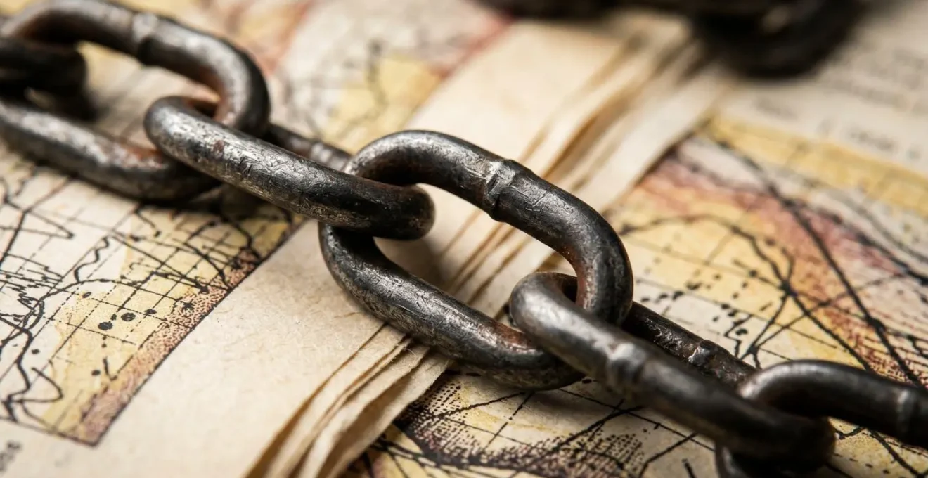 Macro shot of interconnected supply chain links and documents
