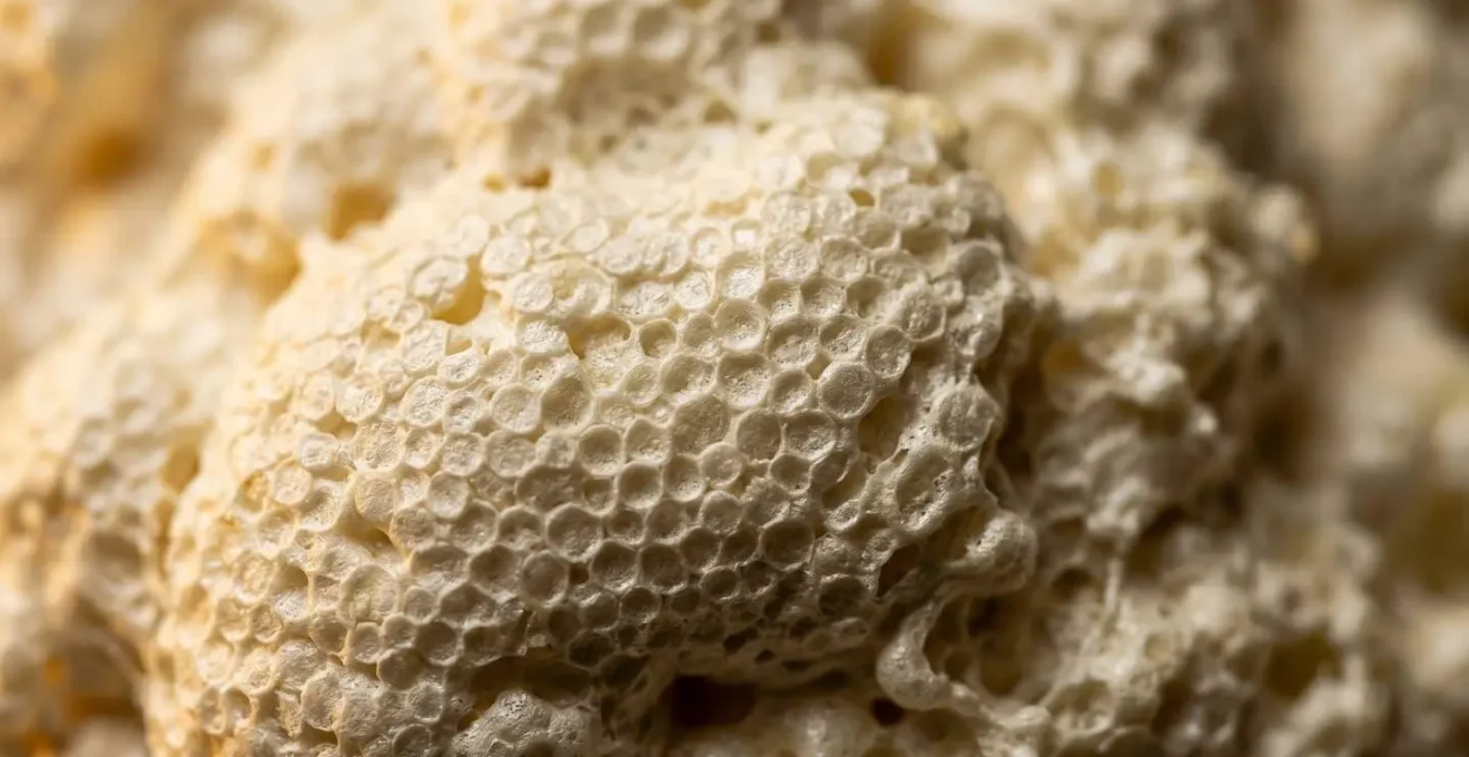 Extreme close-up of spray foam insulation texture showing sealed surface