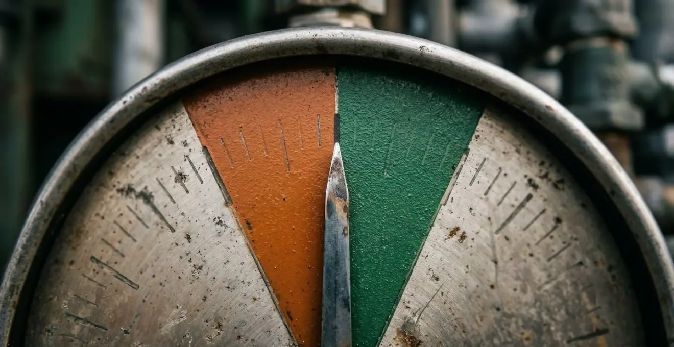 Macro shot of a precision gauge showing the critical intersection point where maintenance costs meet resale value