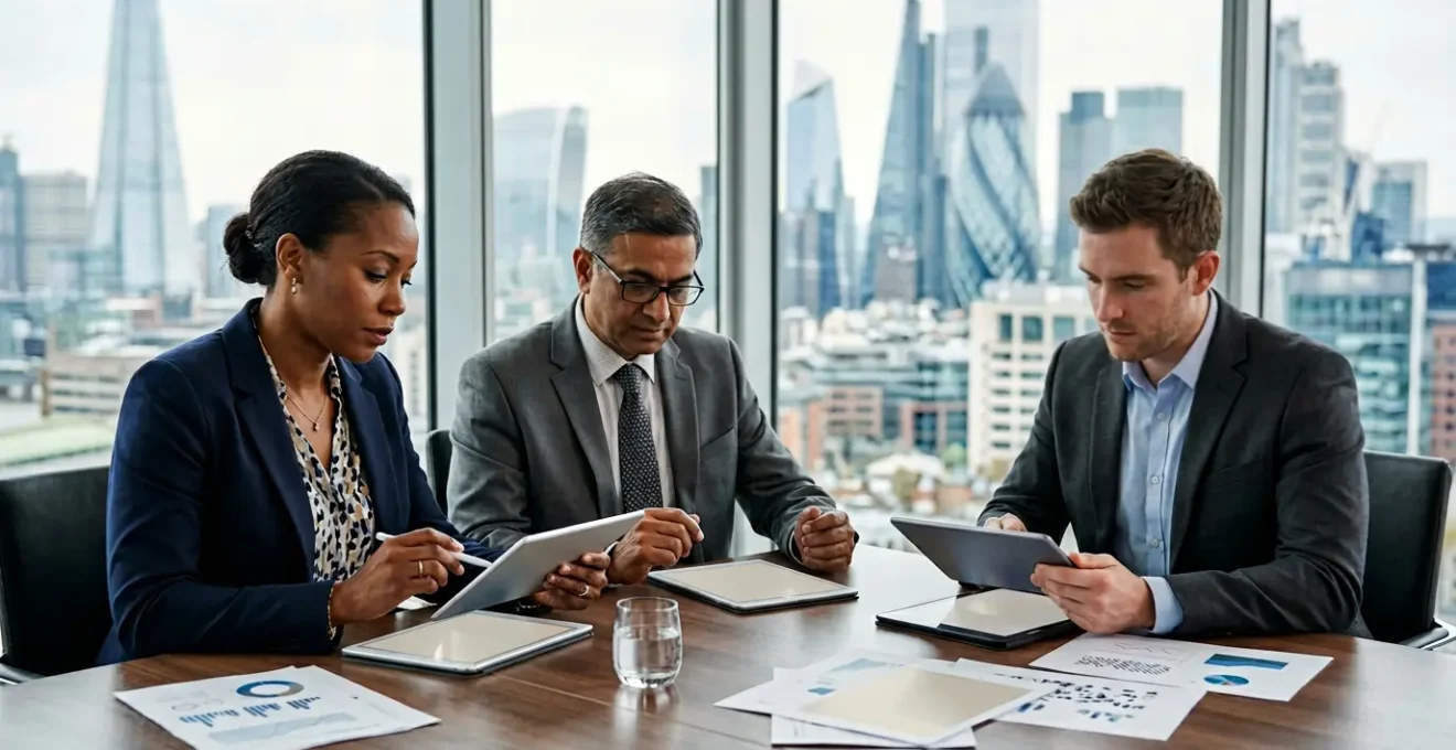 Business professionals examining financial data on currency hedging in modern UK office