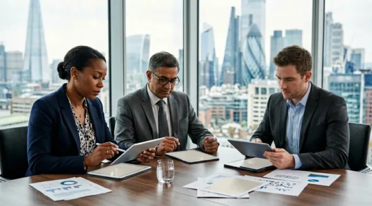 Business professionals examining financial data on currency hedging in modern UK office