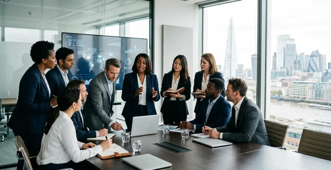 Business leaders strategizing around a conference table with financial data visualization overlays in a modern UK office setting
