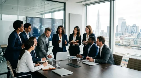 Business leaders strategizing around a conference table with financial data visualization overlays in a modern UK office setting