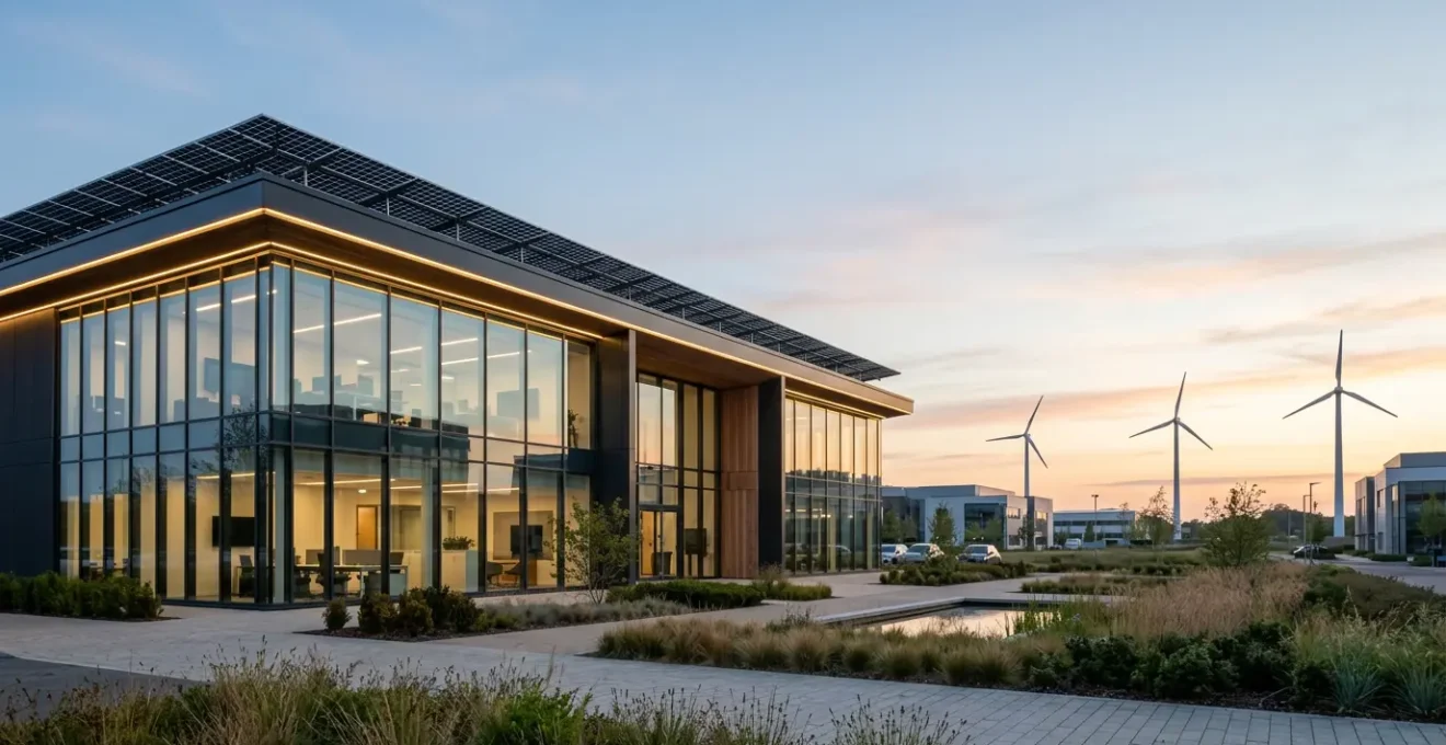 Modern UK commercial building with solar panels and smart energy systems