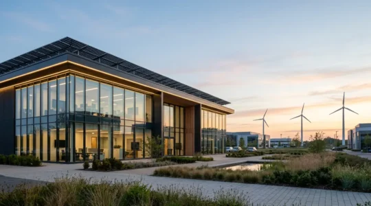 Modern UK commercial building with solar panels and smart energy systems