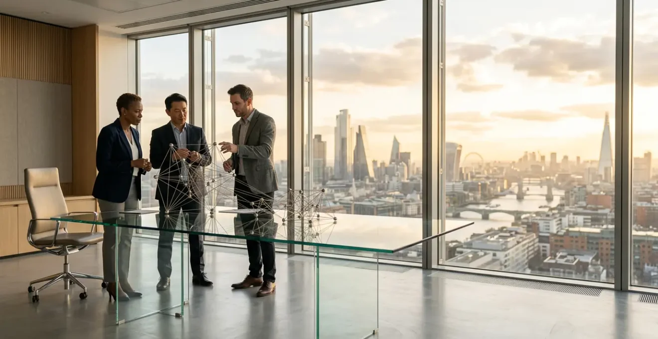 Executive leadership team analyzing strategic business resilience frameworks in modern UK corporate headquarters