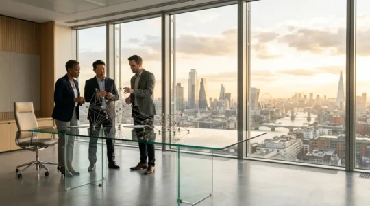 Executive leadership team analyzing strategic business resilience frameworks in modern UK corporate headquarters