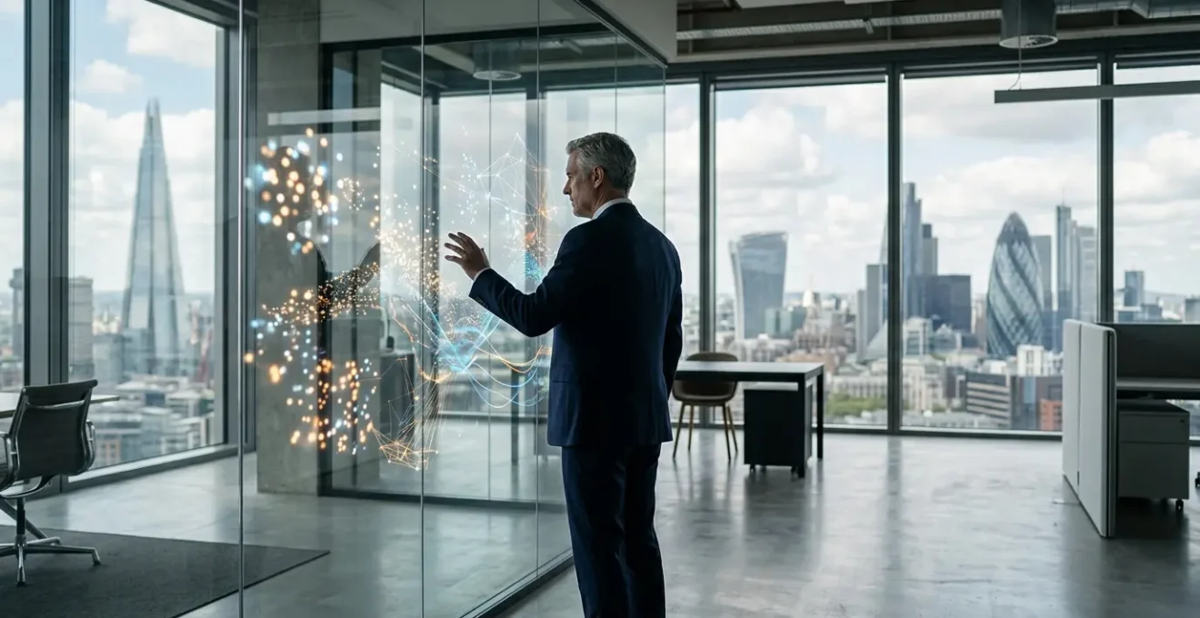 UK executive analyzing real-time data on cloud platform in modern office