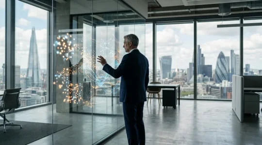 UK executive analyzing real-time data on cloud platform in modern office