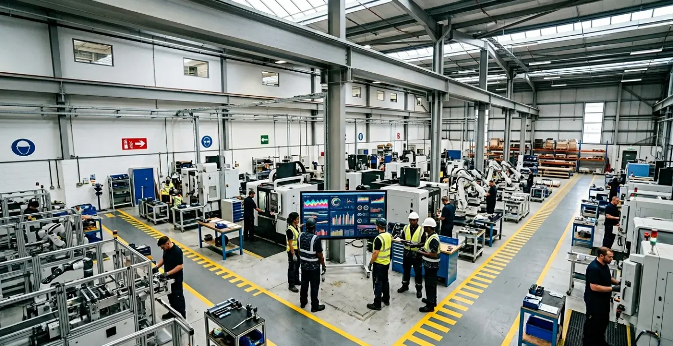 UK factory floor with modern production equipment and workflow visualization displays