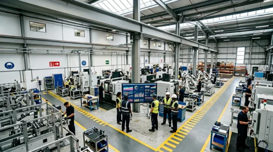 UK factory floor with modern production equipment and workflow visualization displays