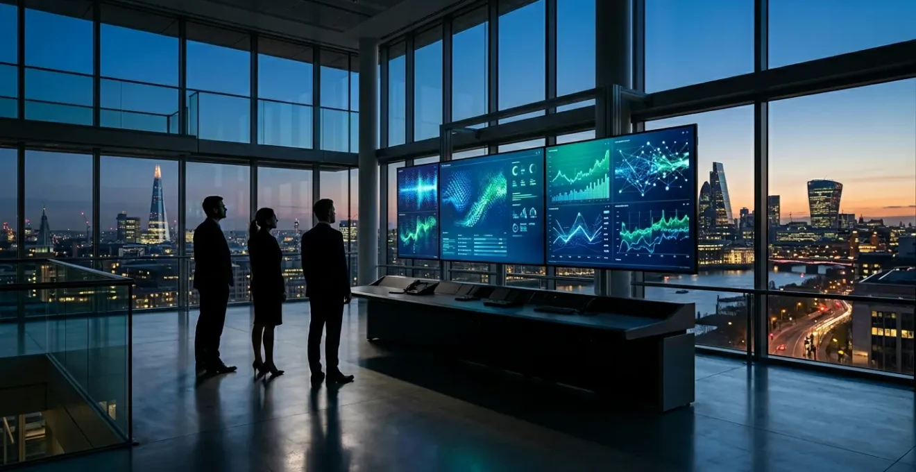 Modern business control room showing UK executives monitoring compliance systems and regulatory dashboards