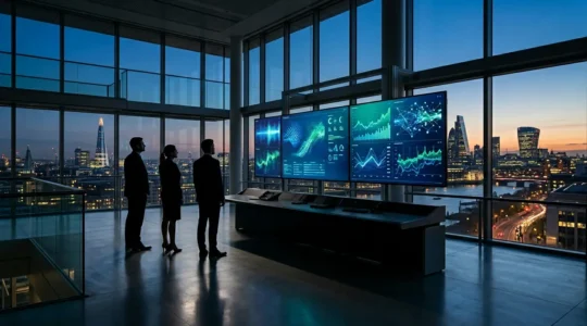 Modern business control room showing UK executives monitoring compliance systems and regulatory dashboards