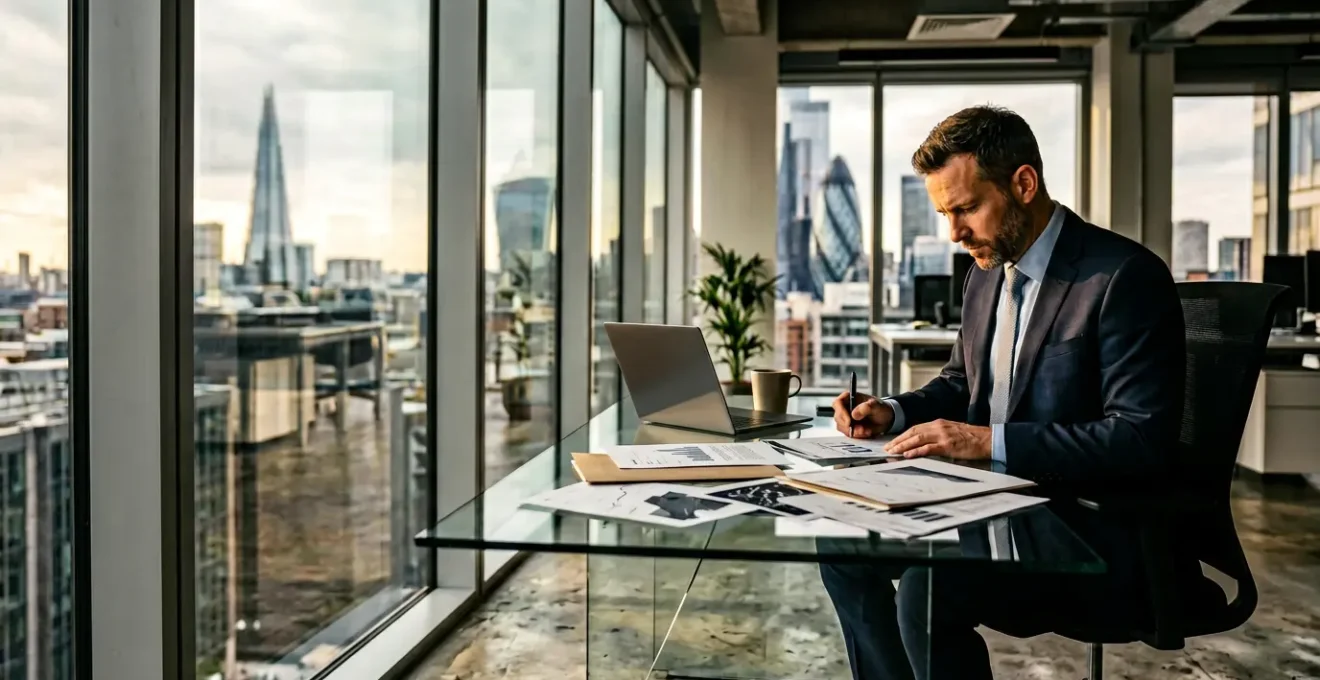 UK business executive studying financial reports and market intelligence data in modern office