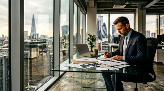 UK business executive studying financial reports and market intelligence data in modern office