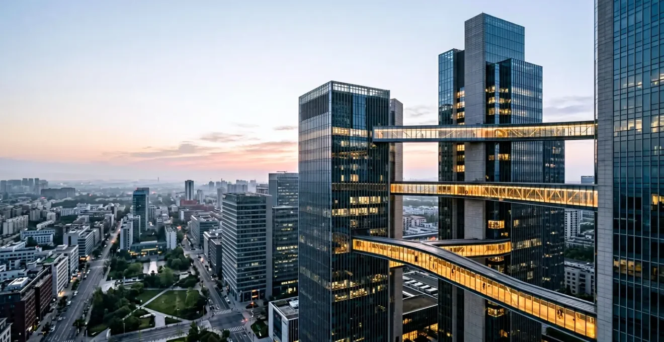 Wide corporate environment showing transparent glass bridges connecting isolated office towers, viewed from high angle, symbolizing software unification and departmental connection