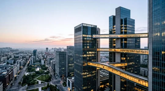 Wide corporate environment showing transparent glass bridges connecting isolated office towers, viewed from high angle, symbolizing software unification and departmental connection